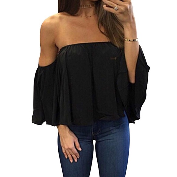 NWT Black Casual off shoulder ruffled chiffon top - Picture 2 of 5